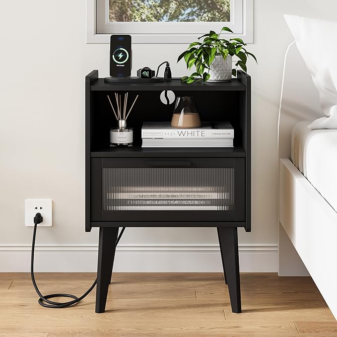 MMEOLUOOK Nightstand with Charging Station, Bedside Tables Set of 2, End Table Side Table with 2 Tiers Storage Space, for Bedroom, Living Room, Black MLBZ07BEV-2