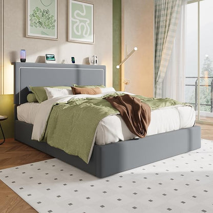 Allewie Full Size Lift Up Storage Bed Frame with Charging Station & LED Lights, Adjustable Velvet Upholstered Storage Headboard, Type-C & USB Ports, Hydraulic Support, No Box Spring Needed, Grey