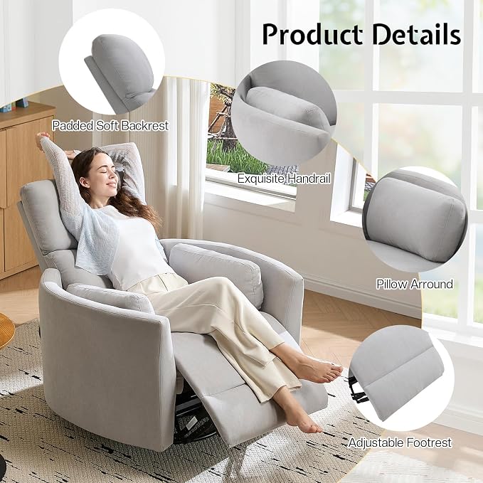 Jocisland Power Recliner Nursery Chair for Adults, Electric Swivel Rocking Glider with USB & Type-C, Soft Fabric Armchair with 2 Pillows, Cozy Reclining Sofa for Living Room, Bedroom, Light Grey