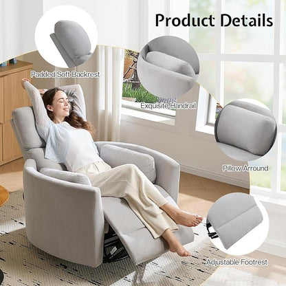 Jocisland Power Recliner Nursery Chair for Adults, Electric Swivel Rocking Glider with USB & Type-C, Soft Fabric Armchair with 2 Pillows, Cozy Reclining Sofa for Living Room, Bedroom, Light Grey