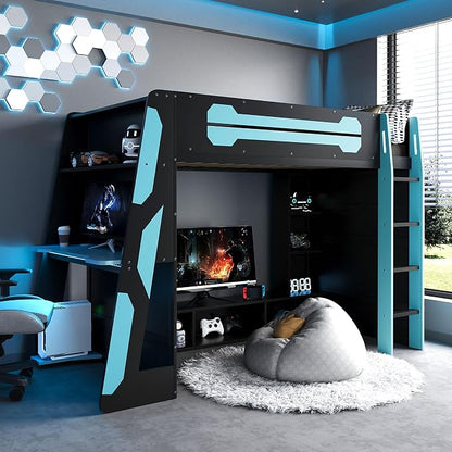 Merax Twin Size Loft Bed with Desk, Multi-Storage Shelves and RGB Light | Space-Saving Wooden Gaming Bed Frame with Charging Station and Guardrail