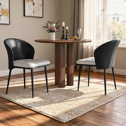 Faux Leather Dining Chairs Set of 2, Curved Back Upholstered Accent Chair, Modern Kitchen Side Chair with Metal Legs for Dining Room, Living Room, Bedroom, Black