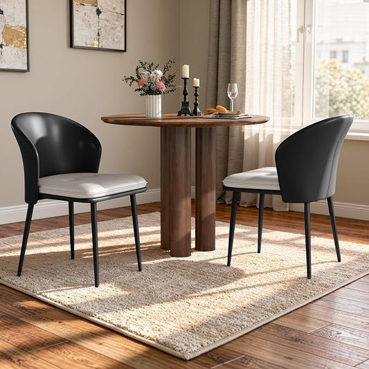 Faux Leather Dining Chairs Set of 2, Curved Back Upholstered Accent Chair, Modern Kitchen Side Chair with Metal Legs for Dining Room, Living Room, Bedroom, Black