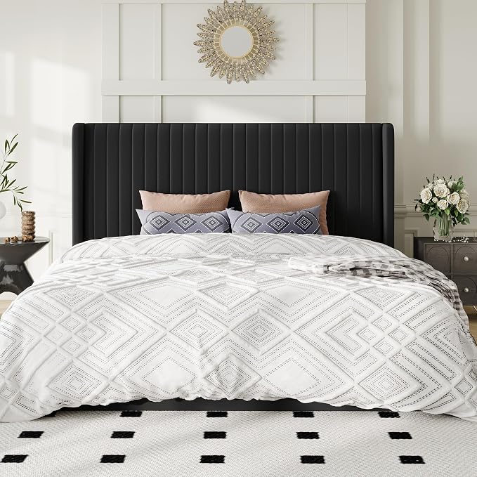 Allewie King Size Lift Up Storage Bed Frame, Hydraulic Support System, Upholstered Platform Bed Frame, Underneath Storage, Vertical Channel Tufted Headboard with Wingback, No Box Spring Needed, Black