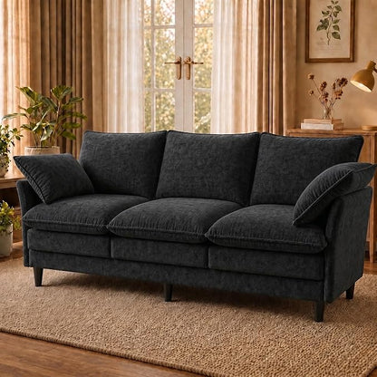 KYJ 69 Inch Small Sofa, 3-Seater Loveseat Couch with Cloud 2 Layer Cushion, 22.8" Deep Seat, Oversized Pillows, Chenille Fabric, Compact for Small Spaces,Apartment, Living Room, Studio, Office, Black