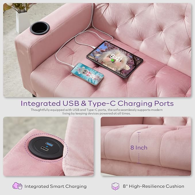 TYBOATLE Mid-Century Modern Tufted Pink Velvet Loveseat Sofa Set w/ 2 USB & 2 Cupholders, 3 Piece Living Room Furniture Sets, Small Love Seat Couches for Small Space Apartment Bedroom Office