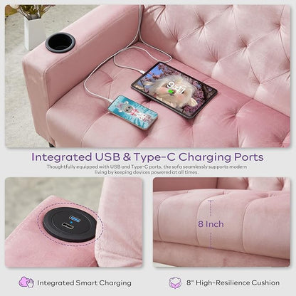 TYBOATLE Mid-Century Modern Tufted Pink Velvet Loveseat Sofa Set w/ 2 USB & 2 Cupholders, 2 Piece Living Room Furniture Sets, Small Love Seat Couches for Small Space Apartment Bedroom Office