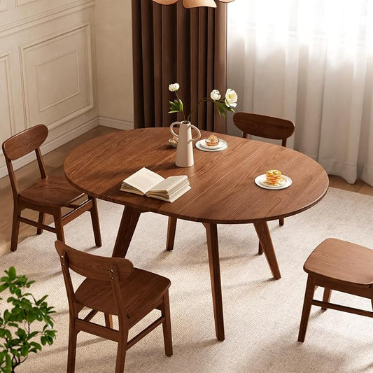 Solid Wood Round Extendable Dining Table, 43″-59″ Expandable Dining Table for 4-8, Oval Extendable Dining Room Table with Hidden Storage, Oval Dining Tables with Leaf, Walnut Round Kitchen Table