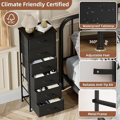 Somdot Tall Dresser for Bedroom with 6 Drawers, Storage Organizer Chest of Drawers with Removable Fabric Bins for Closet Bedside Living Room Laundry Entryway Hallway, Black