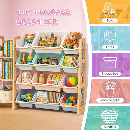 Kids Toy Storage Organizer with Bookshelf – Wooden Shelf with 12 Bins & 3 Shelves, Quick Assembly Storage Rack for Playroom, Bedroom, Nursery– Colorful