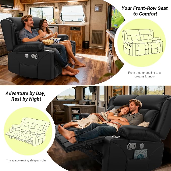 RV Loveseat Recliner Sofa, Reclining Loveseat Wall Hugger Recliners with USB Ports, Cup Holders, Insert Pockets, Home Theater Seating for Movie Room, Recline Movie Seats Gaming Sofa, Black