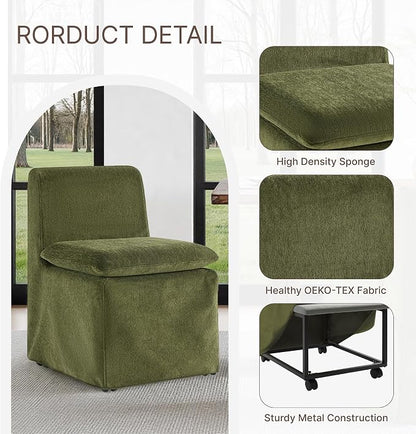KISLOT Upholstered Dining Chairs Set of 2 with Casters, Modern Armless Kitchen Chairs with Removable Washable Cover, Chenille Velvet Fabric, Sturdy Metal & Wood Frame, 19.5" Seat Height, Green