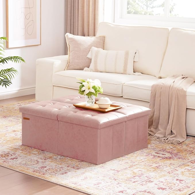HAUSFRAU 31.5 Inches Ottoman with Storage Bench, Folding Ottoman Bench Small Foot Rest Stool, Bedroom Bench with Flipping Lid, Faux Leather Pale Pink