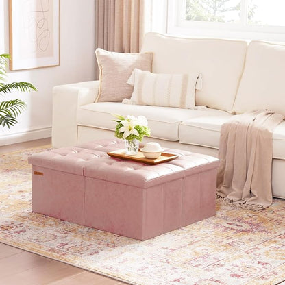 HAUSFRAU 31.5 Inches Ottoman with Storage Bench, Folding Ottoman Bench Small Foot Rest Stool, Bedroom Bench with Flipping Lid, Faux Leather Pale Pink