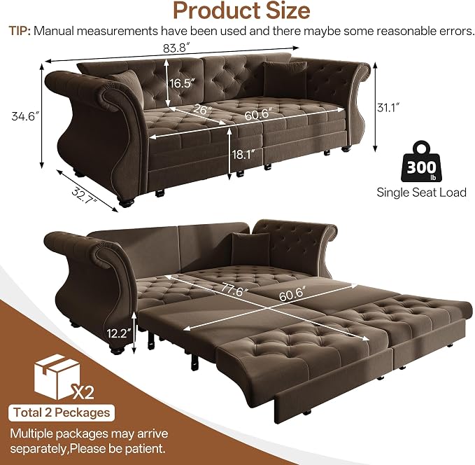 83.8" Oversized Pull Out Sofa Bed, Chesterfield Velvet Sleeper Sofa Couch with Roll Arm & Flower Tufting, Heavy Duty Metal Frame Convertible Sofa for Living Room, Apartment, Guest Room, Brown
