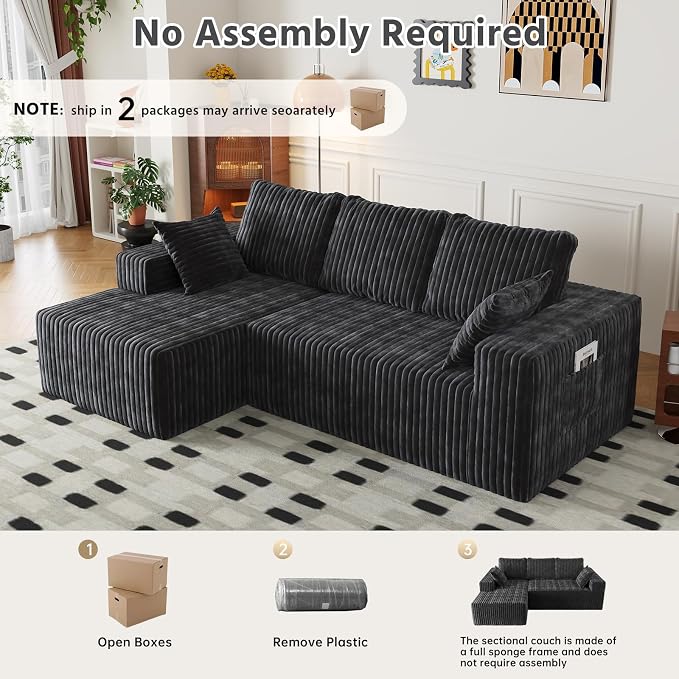 Cloud Boneless Sectional Couches with Oversized Chaise for Living Room, Modular L Shaped Couch with Deep Seat, Memory Foam Compressed 3 Seater Sofa for Apartment