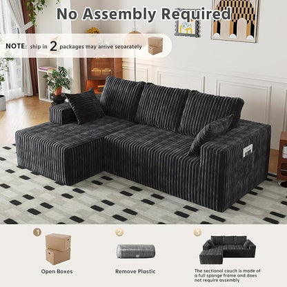 Cloud Boneless Sectional Couches with Oversized Chaise for Living Room, Modular L Shaped Couch with Deep Seat, Memory Foam Compressed 3 Seater Sofa for Apartment
