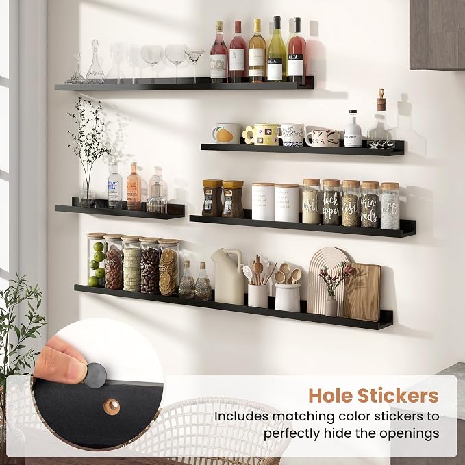 Fun Memories Picture Ledge Shelves Set of 2, 48 Inch Rustic Wall Mounted Floating Shelves with Lip for Home Storage and Décor in Bathroom, Kitchen, Nursery, Bedroom, Living Room, Black