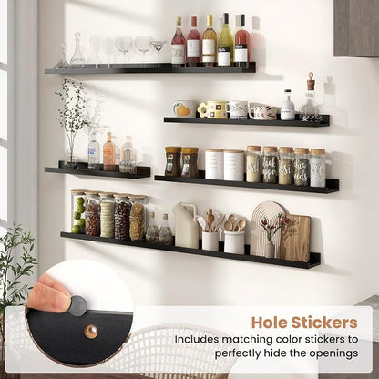Fun Memories Picture Ledge Shelves Set of 2, 48 Inch Rustic Wall Mounted Floating Shelves with Lip for Home Storage and Décor in Bathroom, Kitchen, Nursery, Bedroom, Living Room, Black