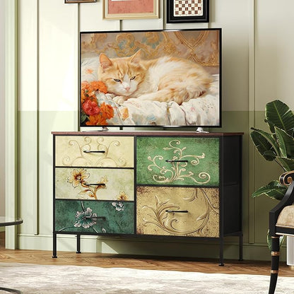 WLIVE Dresser for Bedroom with 5 Drawers, Wide Chest of Drawers for Bedroom, Fabric Dresser for Living Room, Closet, Hallway, Floral Painted