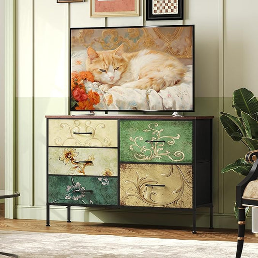 WLIVE Dresser for Bedroom with 5 Drawers, Wide Chest of Drawers for Bedroom, Fabric Dresser for Living Room, Closet, Hallway, Floral Painted