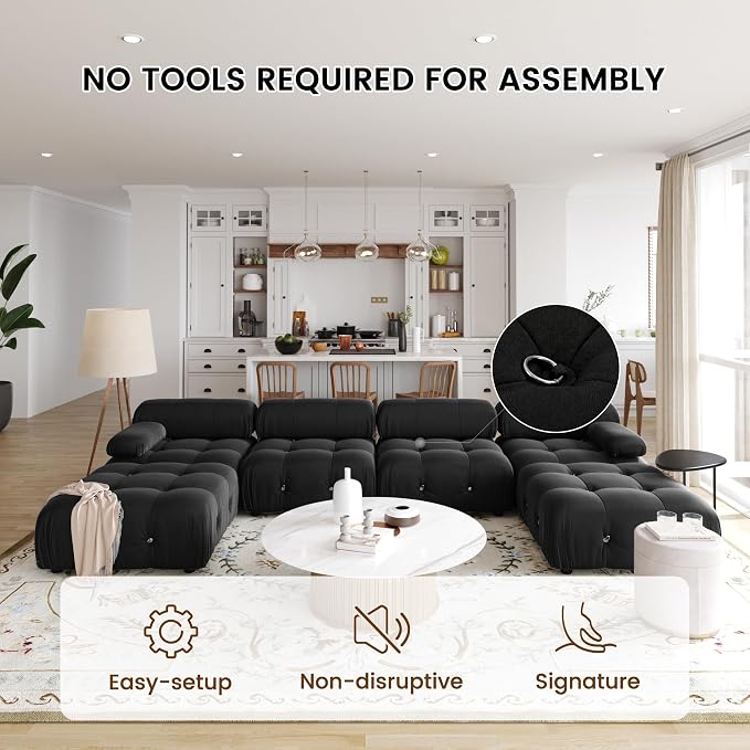 138" Convertible Modular Sectional Sofa, U-Shaped Velvet Sectional Couch with Chaise Ottomans, Minimalist Modern 6 Seat Sofas for Living Room Bedroom Office Apartment (Black)
