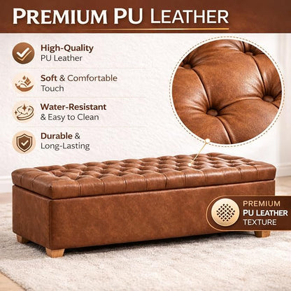60.2" Storage Bench, End of Bed Storage Benches, PU Fabric Upholstered Ottoman Bench with Safety Hinge for Living Room Entryway Bedroom Hallway