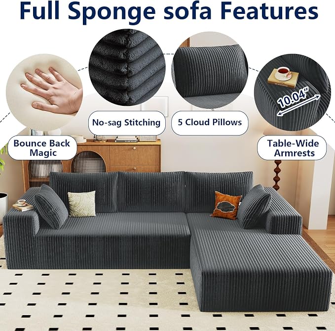 96" Modular Sectional Sofa, Modern Corduroy Cloud Couch with Deep Seat, Boneless Couch Upholstered 3-Seater L-Shaped Sofa for Living Room, No Assembly Required (Dark Grey, Right-Facing Chaise)
