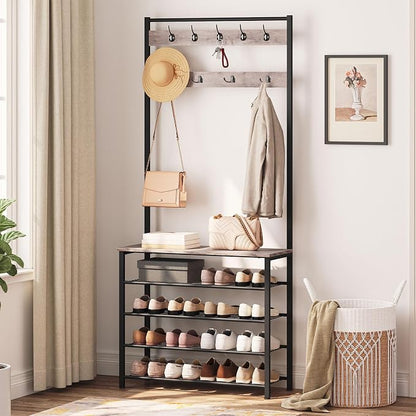 HOOBRO Hall Tree, Coat Rack with Shoe Rack, Hall Tree with Bench, 5 Tier Shoe Storage Organizer with 9 Hooks for Entryway, Closet, Sturdy, Industrial, Greige and Black BG80MT01G2