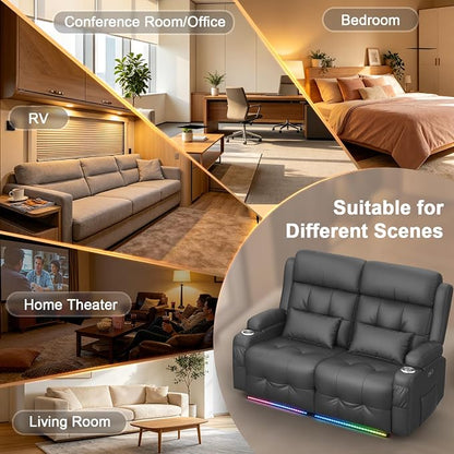 Power Reclining Loveseat with Massage & Heat,Wall Hugger Home Theater Seating with LED Lights,USB & Type-C Ports, Ideal for RV, Home Theater and Game Room,Gray,2 Seats