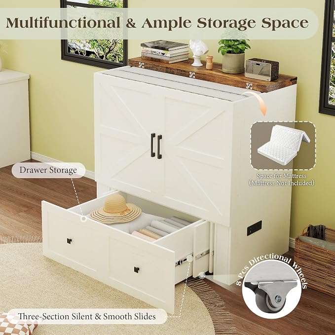 LUXOAK Twin Murphy Bed with Built-in Charging Station and Storage Drawer, Farmhouse Foldable Cabinet Bed for Guest Room, Apartment or Home Office, White
