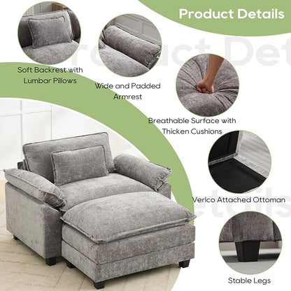 Oprisen 53" Modular Sectional Sofa, Comfy Cloud Couch Sectional Sofa with Ottoman, Chenille Sofa Sleeper Deep Seat Sofa with Throw Pillows for Living Room (Light Gray)