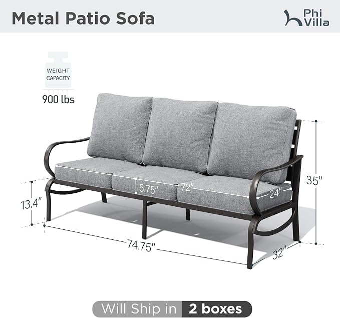 PHI VILLA Metal Patio Sofa with 5.75" Extra-Thick Waterproof Cushion, 3 Seater Deep Seat & High Back Outdoor Couch, All Weather Porch Furniture for Deck Backyard Front Porch Apartment,Gray