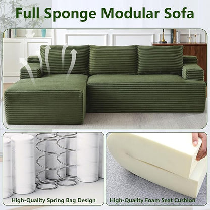 96" Modular Sectional Sofa, Modern Corduroy Cloud Couch, Boneless Couch Upholstered 3-Seater L-Shaped Sofa for Living Room, No Assembly Required (Green, Left-Facing Chaise)