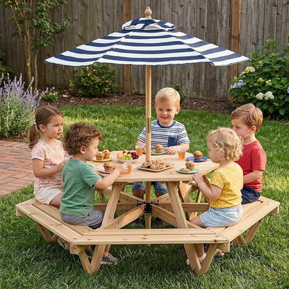 Costzon Kids Picnic Table, Hexagonal Wooden Toddler Outdoor Table and Bench Set with Removable Umbrella, Kids Outdoor Furniture for Patio Lawn Garden Backyard, Seats Up to 6 Children Age 3+ (Natural)