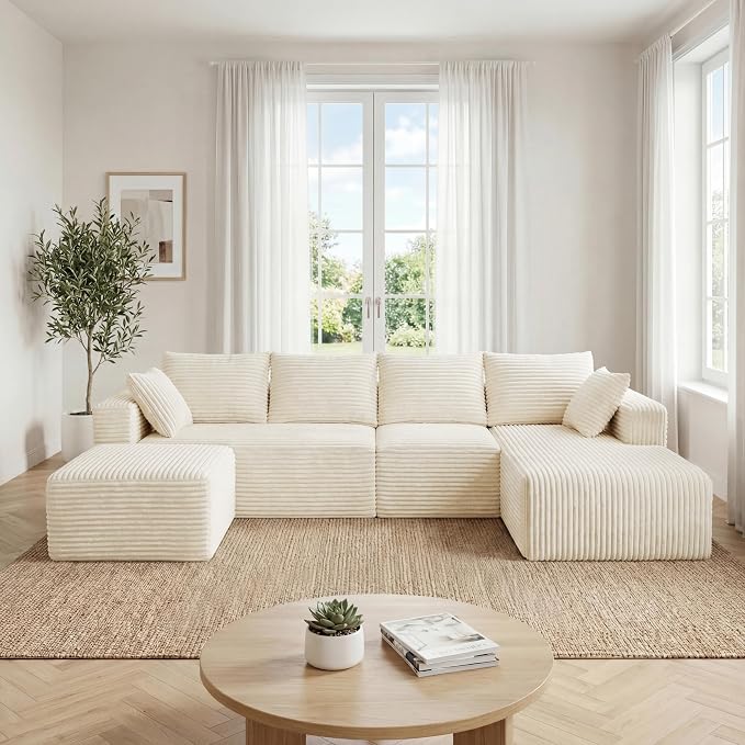 118" U-Shaped Modular Sectional Sofa, Soft Corduroy Cloud Couch with Chaise & Ottoman, Comfy Boneless Couches for Living Room,No-Assembly,Beige (Right Facing Chaise)