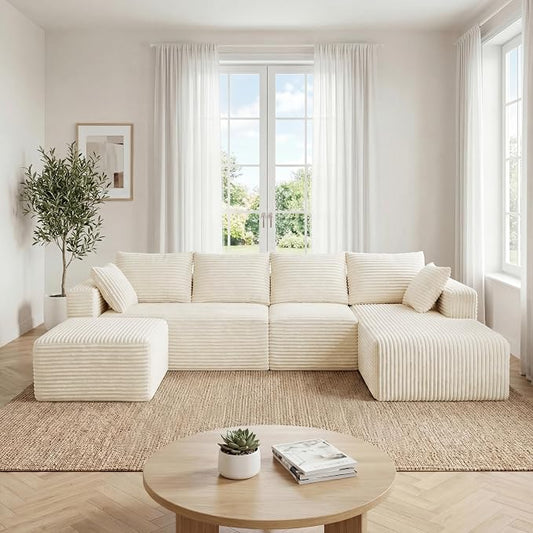 118" U-Shaped Modular Sectional Sofa, Soft Corduroy Cloud Couch with Chaise & Ottoman, Comfy Boneless Couches for Living Room,No-Assembly,Beige (Right Facing Chaise)
