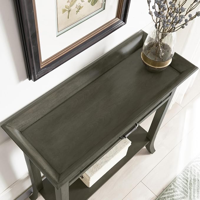 Topol Tray Edge Solid Wood Console Table with Drawer and Shelf, Smoke Gray Wash, Perfect for Entryways, Hallways, and Living Rooms – Leick Home, 10127-GR