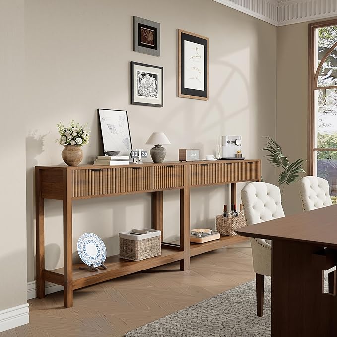 Nasonet Fluted Console Table, Wooden Sofa Table with Storage and Drawers, Farmhouse Behind Couch Table Entryway Table for Entrance, Hallway, Living Room, Brown
