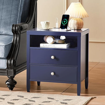 Huuger Blue Nightstand Set of 2, Night Stand with Charger Station, Bedside Table with 2 Drawers, Bed Side Tables for Bedroom, Modern Nightstands, Metal Knobs, Painted Surface