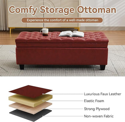 WUTUTUEE 50" Faux Leather Storage Ottoman Bench, End of Bed Upholstered Rectangle Storage Ottoman Tufted Living Room Bedroom Bench with Safety Hinge, Solid Wood Legs, Loads 500 lb(Red)