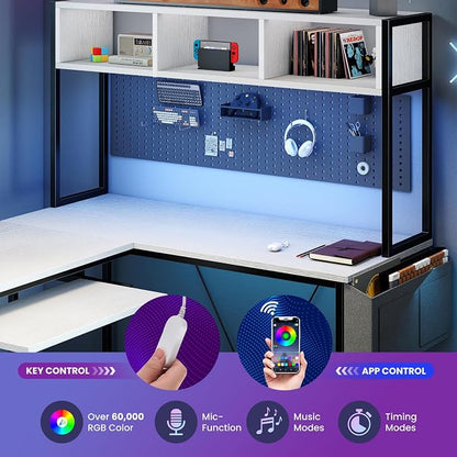 DUMOS 67" L Shaped Gaming Desk, Corner Desks for Compact Spaces with Keyboard Tray & Storage Shelf,Reversible Computer Desk with LED Lighting,Metal Frame PC Gaming Table for Home Office, White