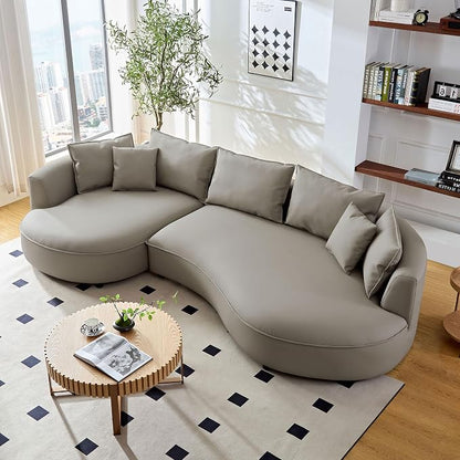 KEIKI 129" Curved Oversized Modular Bonded Leather Sectional Sofa with Left Chaise, 4 Pillows, 3 Back Cushion, Modern Style Comfy 5-Seater Couch, Easy Assembly, for Apartment, Living Room, Light Grey