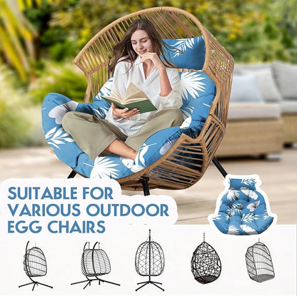 Outdoor Hanging Egg Chair Cushion Replacement, Extra Large Waterproof Egg Swing Cushions with Headrest Pillow and Ties, U-Shaped Thickened Cushion for Hanging Eggs Chair (Blue Leaf)