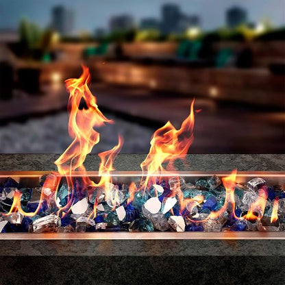 Onlyfire 10 Pounds Blended Reflective Fire Glass for Fire Pit Fireplace and Landscaping, 1/4 Inch Mixed Colored High Luster Fireglass Rocks for Outdoor ＆ Indoor Use - Aqua Blue+Platinum+Cobalt Blue