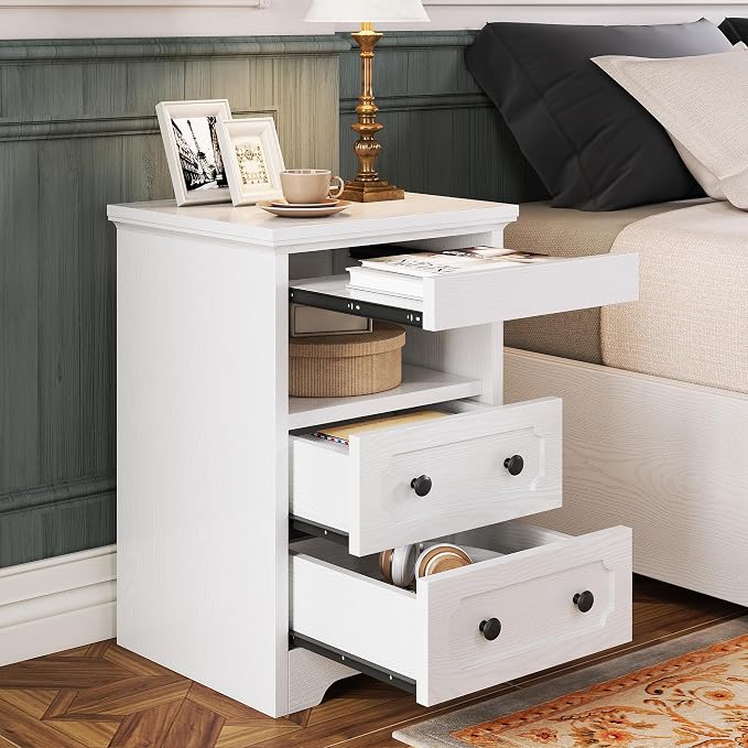 LIKIMIO Night Stand, Modern Bedside Table with 2 Drawers, Open Shelf, End Table with Pull-Out Tray, Wood SideTable, White