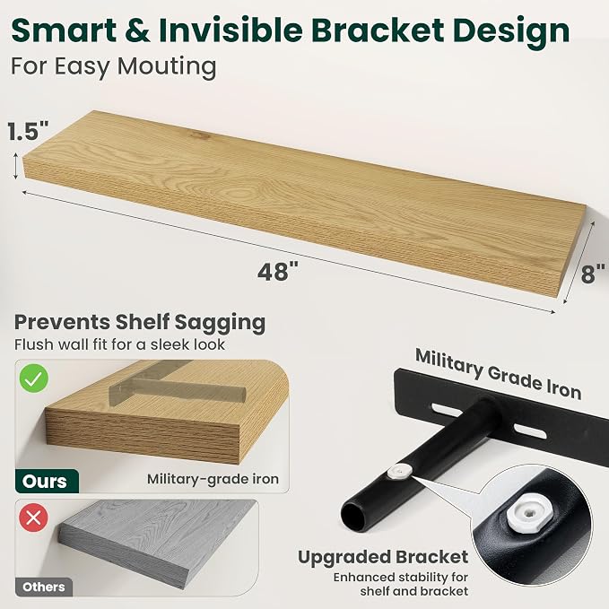 Floating Shelves for Wall, 48 Inch x 8 Inch Deep Wall Mounted Wood Shelf with Invisible Brackets for Storage & Display, Living Room Bedroom Kitchen, Oak, Set of 2