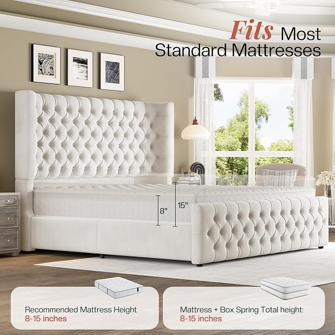 Jocisland King Size Upholstered Bed Frame with 6.3-Inch Curved Wingback Headboard, Tufted Footboard, Wood Slats, No Box Spring Needed, Beige Velvet