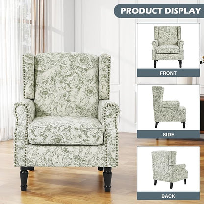 High Back Floral Accent Chairs Set of 2, Fabric Upholstered Armchair Wingback Arm Chair for Living Room, Nailhead Trim Single Sofa Bedroom Side Reading Seat with Solid Wood Legs - Rococo Green