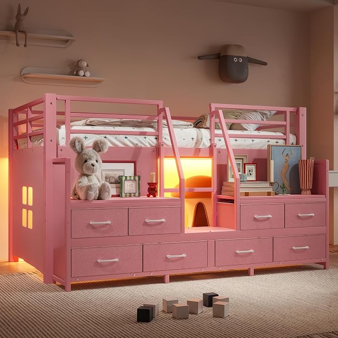 Bellemave Low Loft Bed Twin Size with Storage Shelves & Fabric Drawers, Metal Twin Loft Bed for Kids with LED Lights & Under-Bed Play Area, Low Loft Bed Frame for Bedroom, No Box Spring Needed, Pink